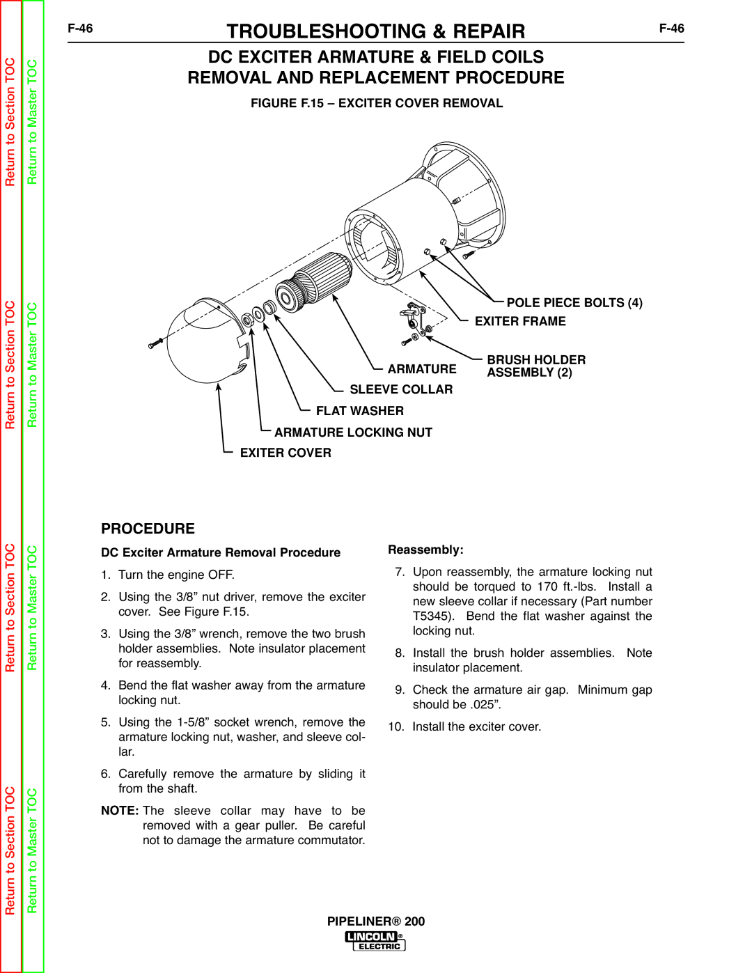 Lincoln Electric 200 service manual 46TROUBLESHOOTING & REPAIRF-46, Reassembly 