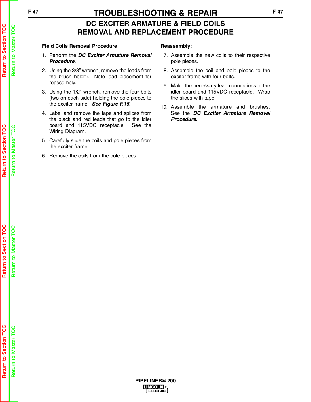 Lincoln Electric 200 service manual DC Exciter Armature & Field Coils, Field Coils Removal Procedure Reassembly 