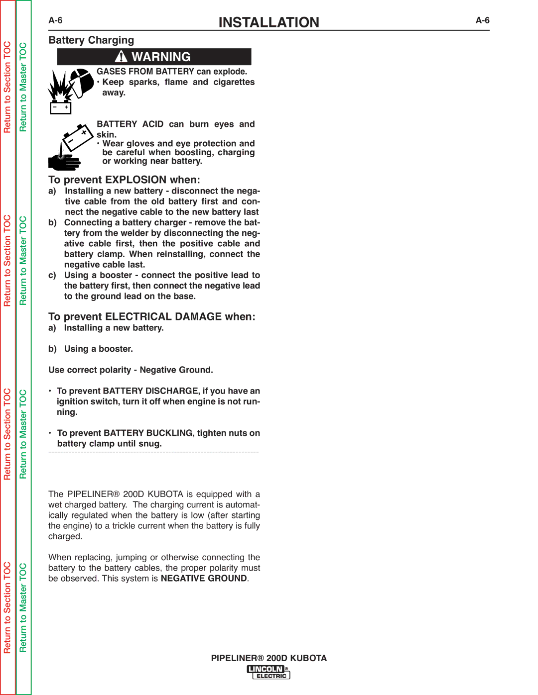 Lincoln Electric 200 service manual Battery Charging Warning 