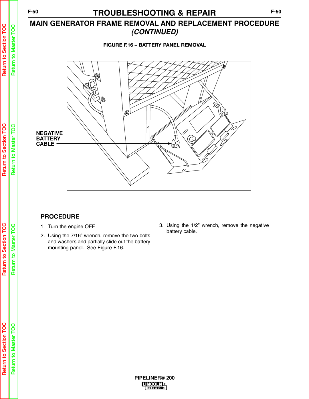 Lincoln Electric 200 service manual 50TROUBLESHOOTING & REPAIRF-50, Figure F.16 Battery Panel Removal 