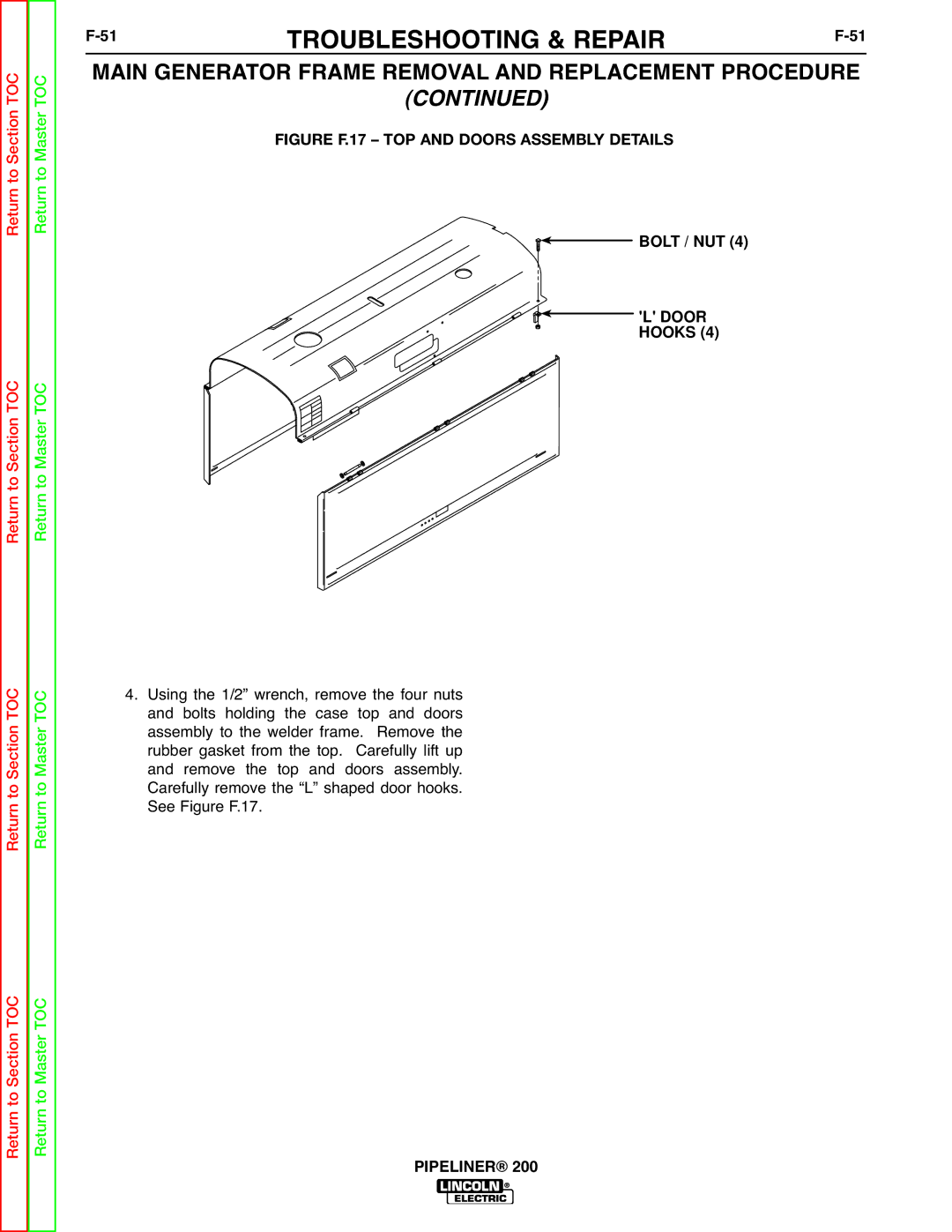 Lincoln Electric 200 service manual 51TROUBLESHOOTING & REPAIRF-51, Bolt / NUT, Door Hooks 