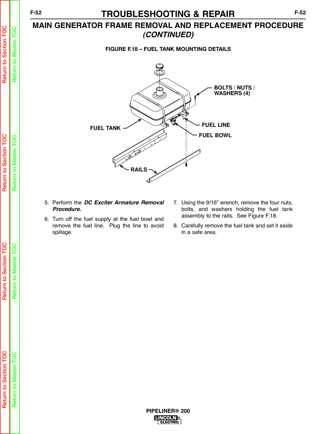 Lincoln Electric 200 service manual 52TROUBLESHOOTING & REPAIRF-52, Fuel Bowl Rails 