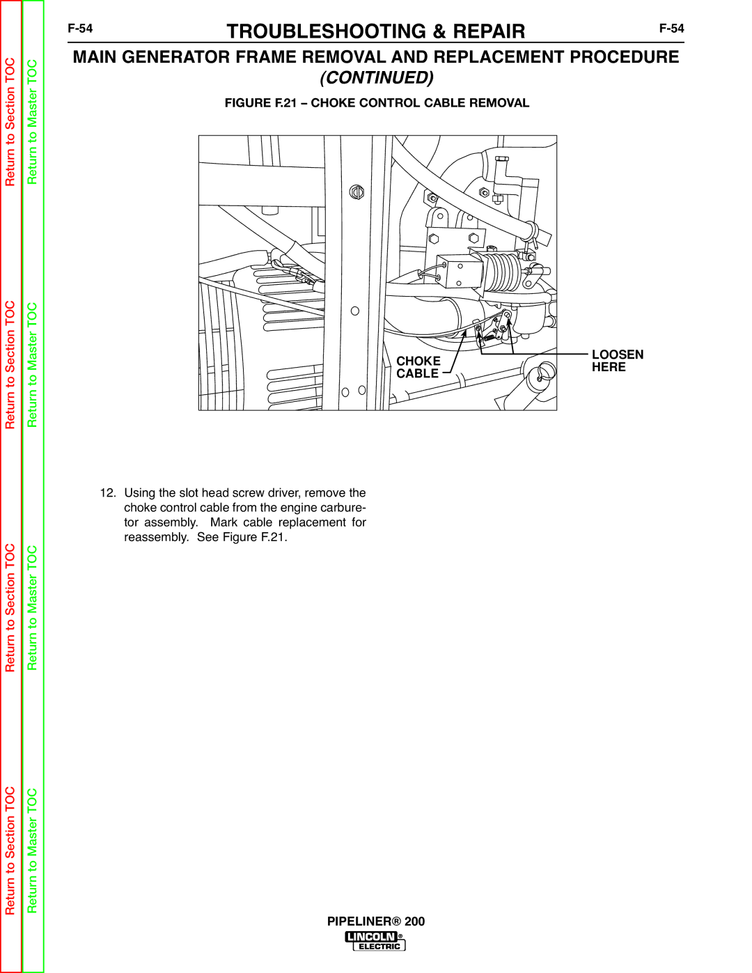 Lincoln Electric 200 service manual 54TROUBLESHOOTING & REPAIRF-54, Figure F.21 Choke Control Cable Removal Loosen Here 