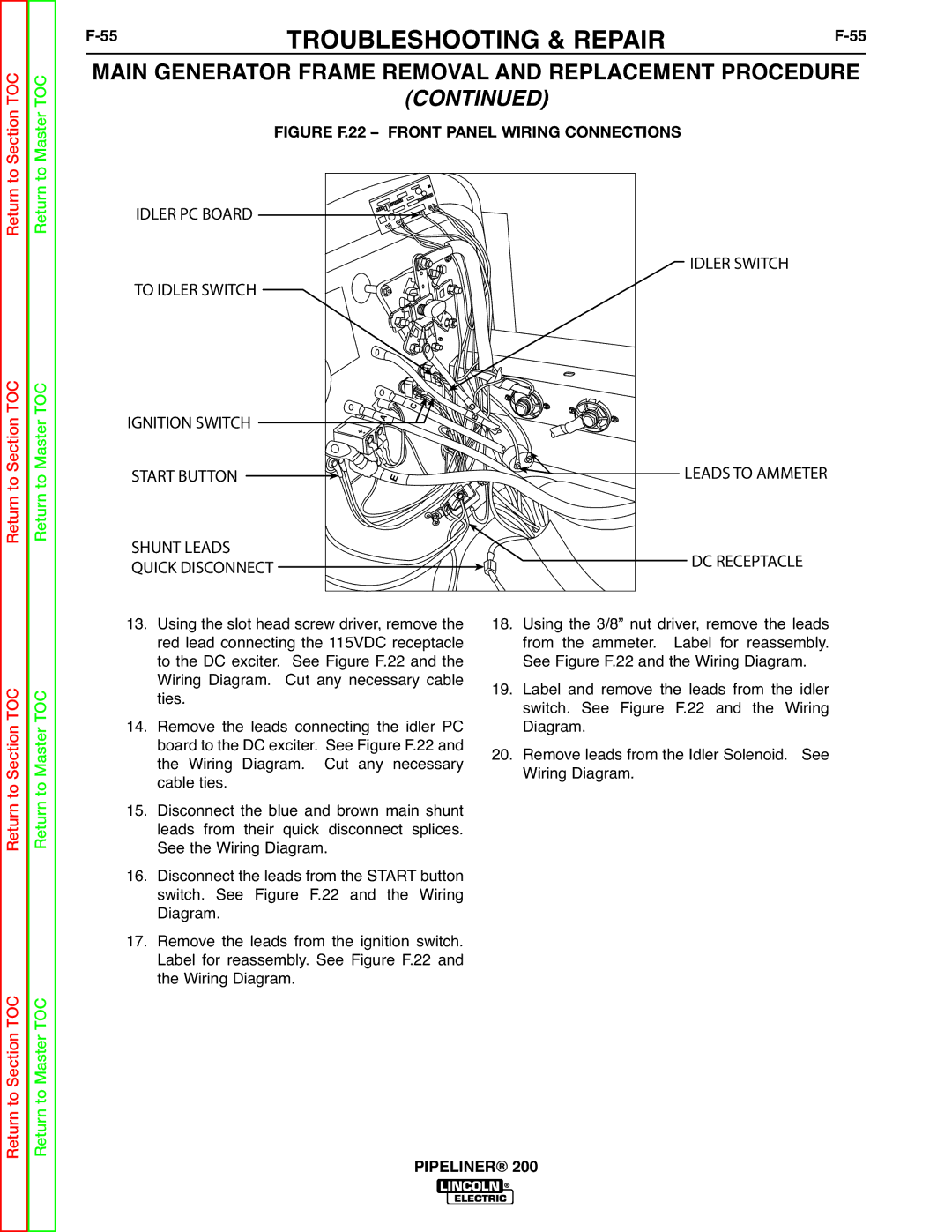 Lincoln Electric 200 service manual 55TROUBLESHOOTING & REPAIRF-55, Shunt Leads DC Receptacle Quick Disconnect 