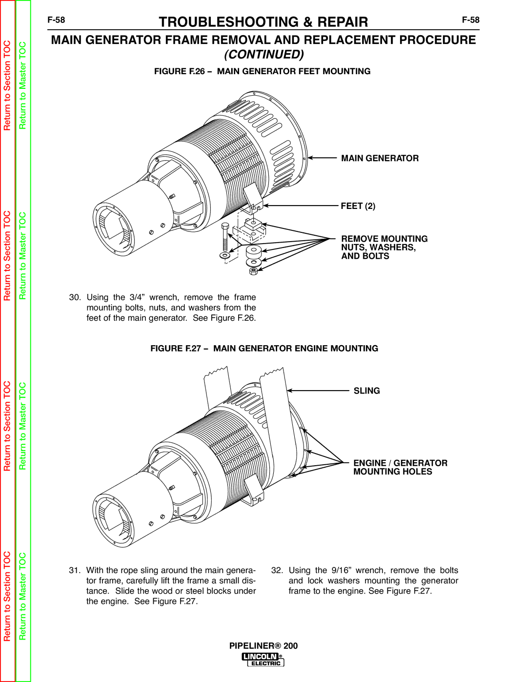 Lincoln Electric 200 service manual 58TROUBLESHOOTING & REPAIRF-58, Feet, Remove Mounting NUTS, Washers Bolts 