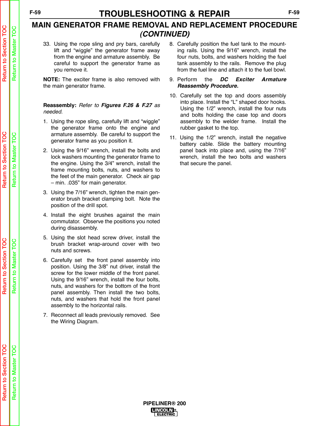 Lincoln Electric 200 service manual Main Generator Frame Removal and Replacement Procedure 