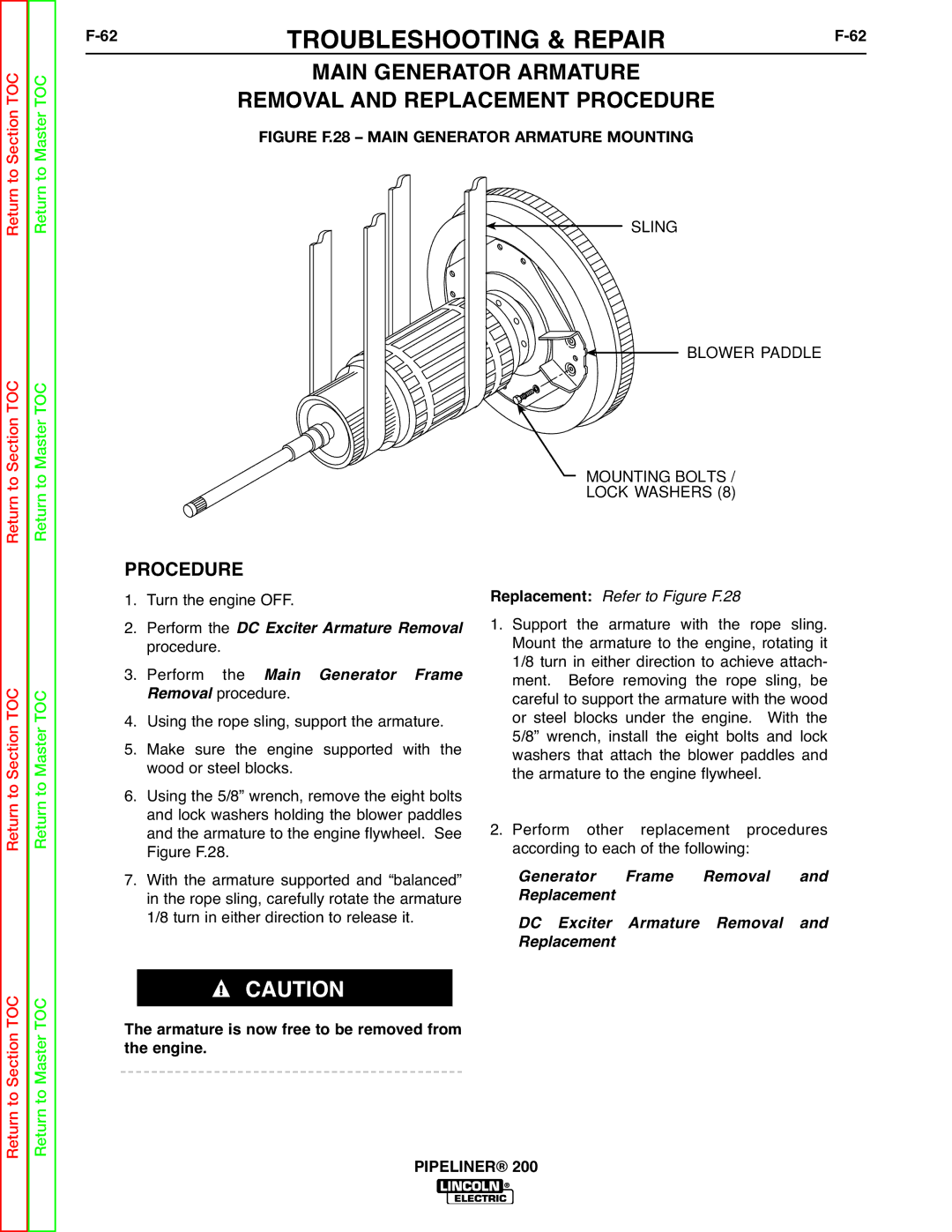 Lincoln Electric 200 service manual 62TROUBLESHOOTING & REPAIRF-62, Armature is now free to be removed from the engine 