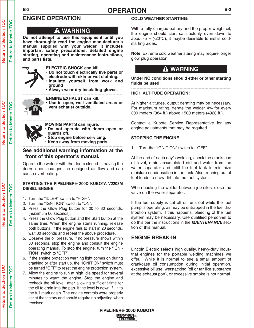 Lincoln Electric 200 service manual Engine Operation, Engine BREAK-IN 