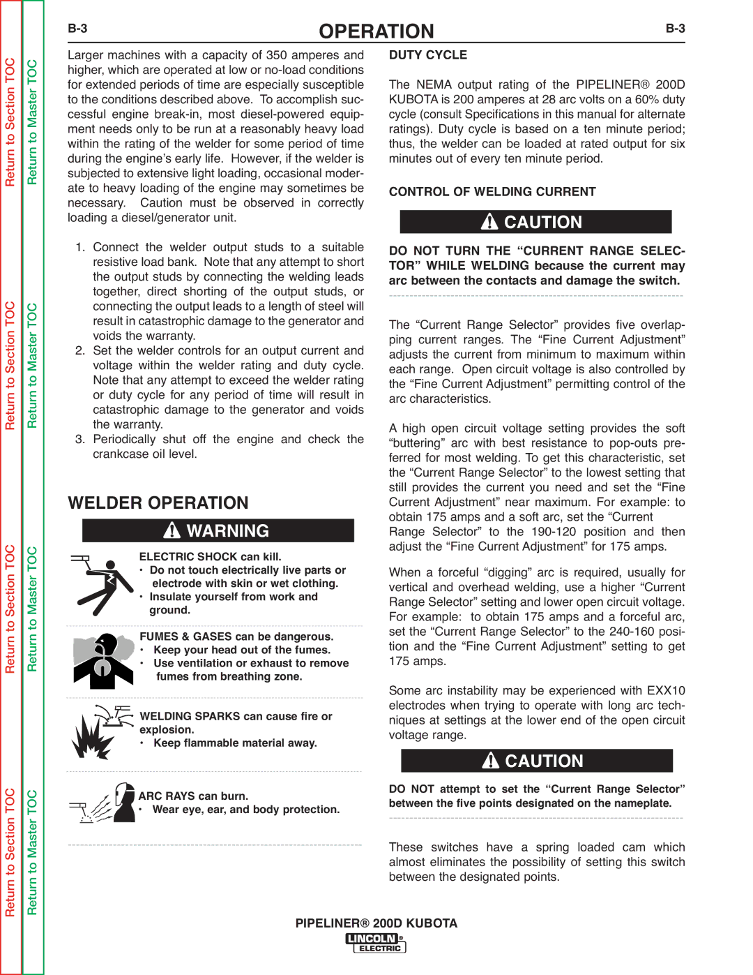 Lincoln Electric 200 Welder Operation, Duty Cycle, Control of Welding Current, Do not Turn the Current Range Selec 