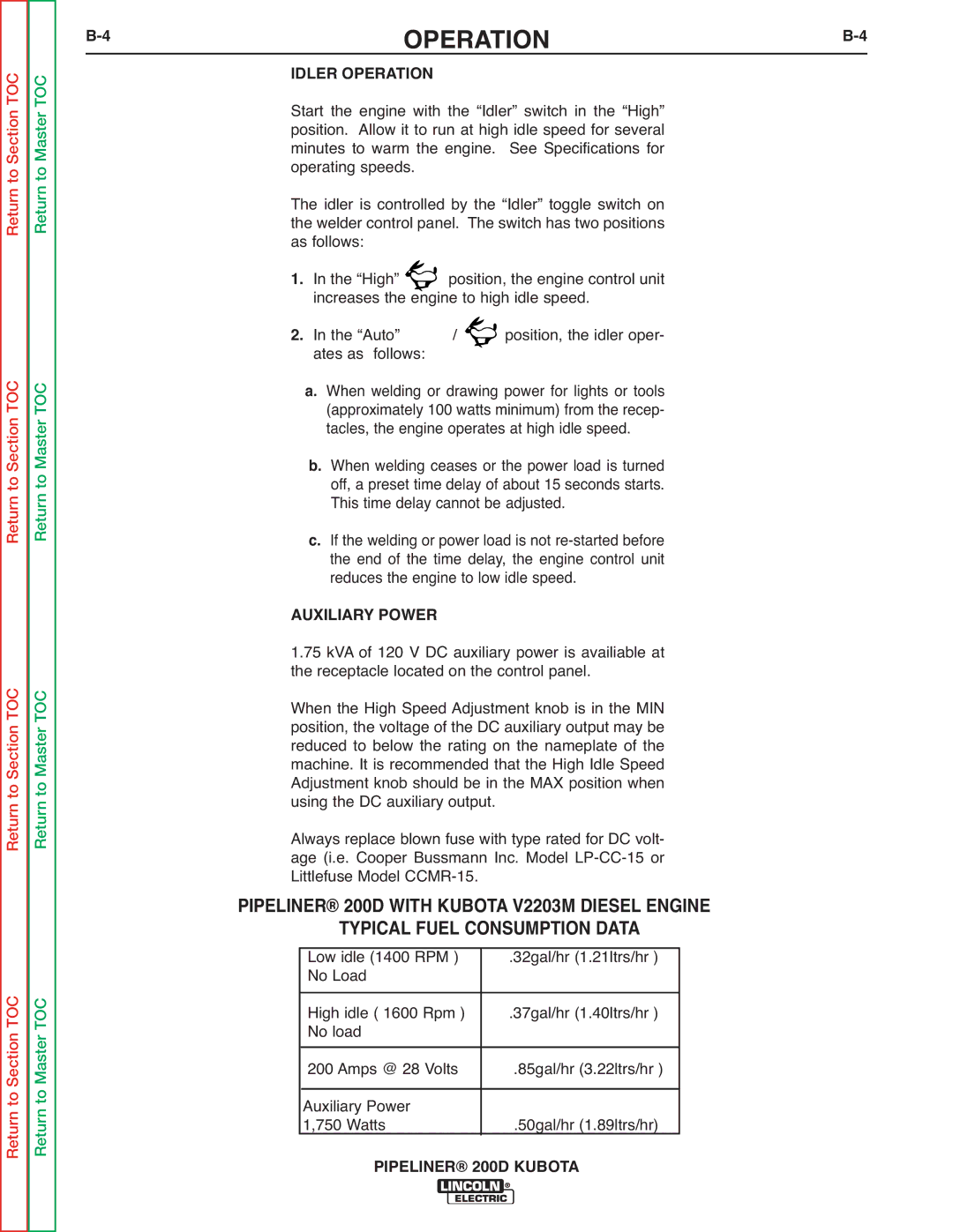 Lincoln Electric 200 service manual Typical Fuel Consumption Data, Idler Operation 