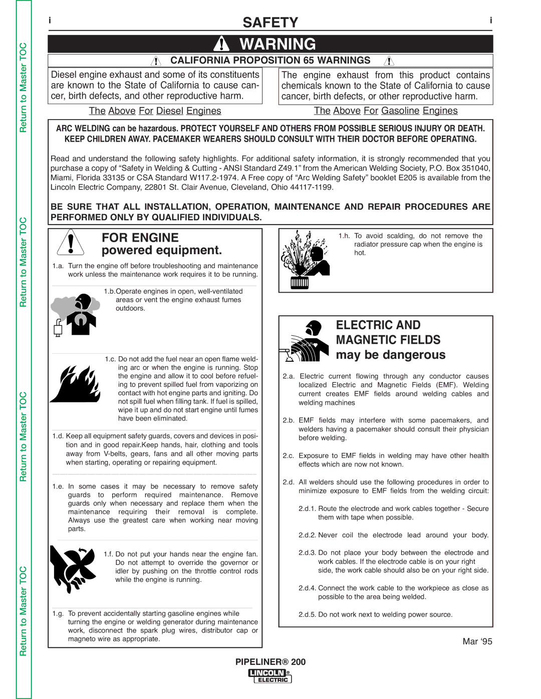 Lincoln Electric 200 service manual Safety, For Engine, Electric Magnetic Fields, Pipeliner 