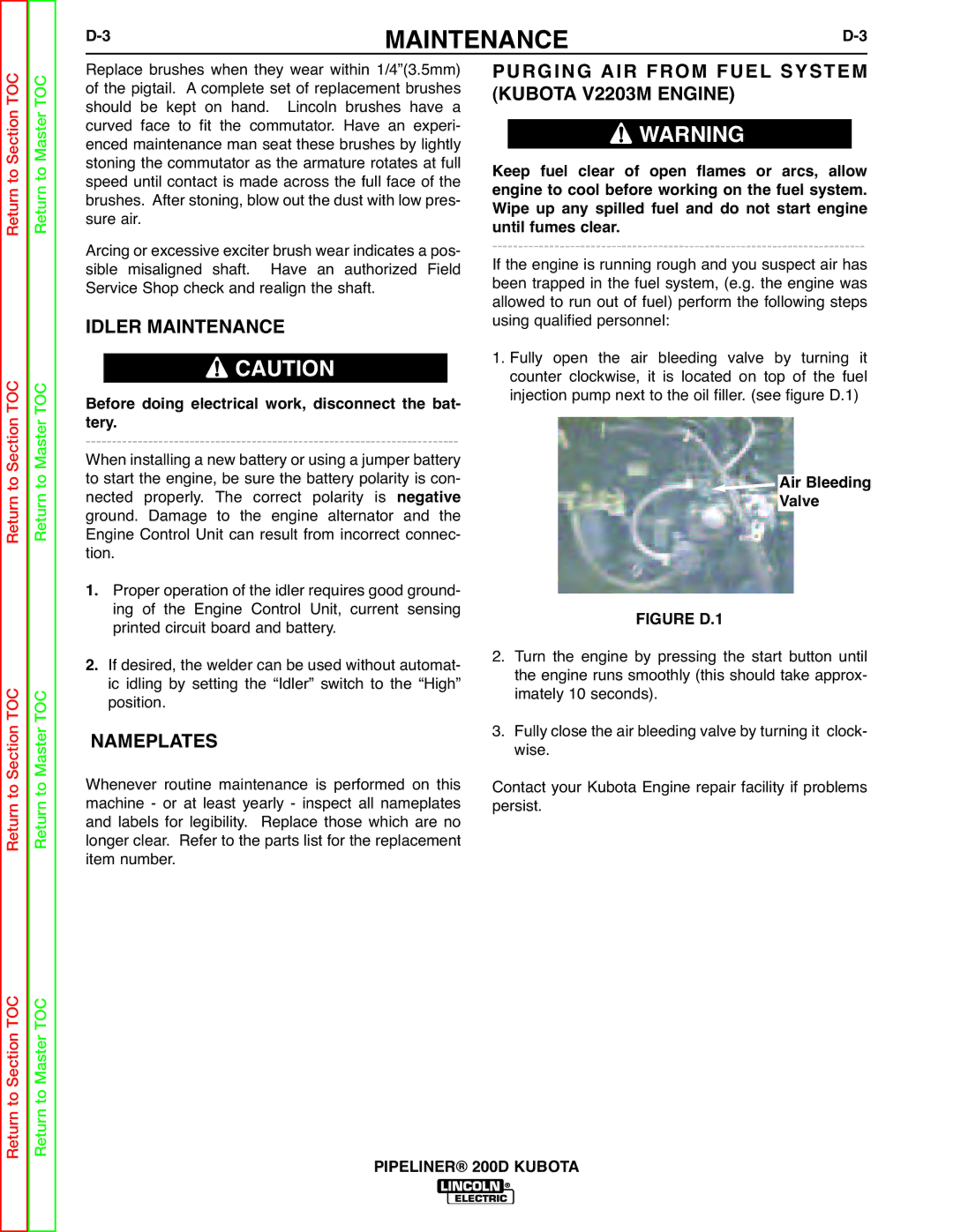 Lincoln Electric 200 service manual Purging AIR from Fuel System, Kubota V2203M Engine, Idler Maintenance, Nameplates 