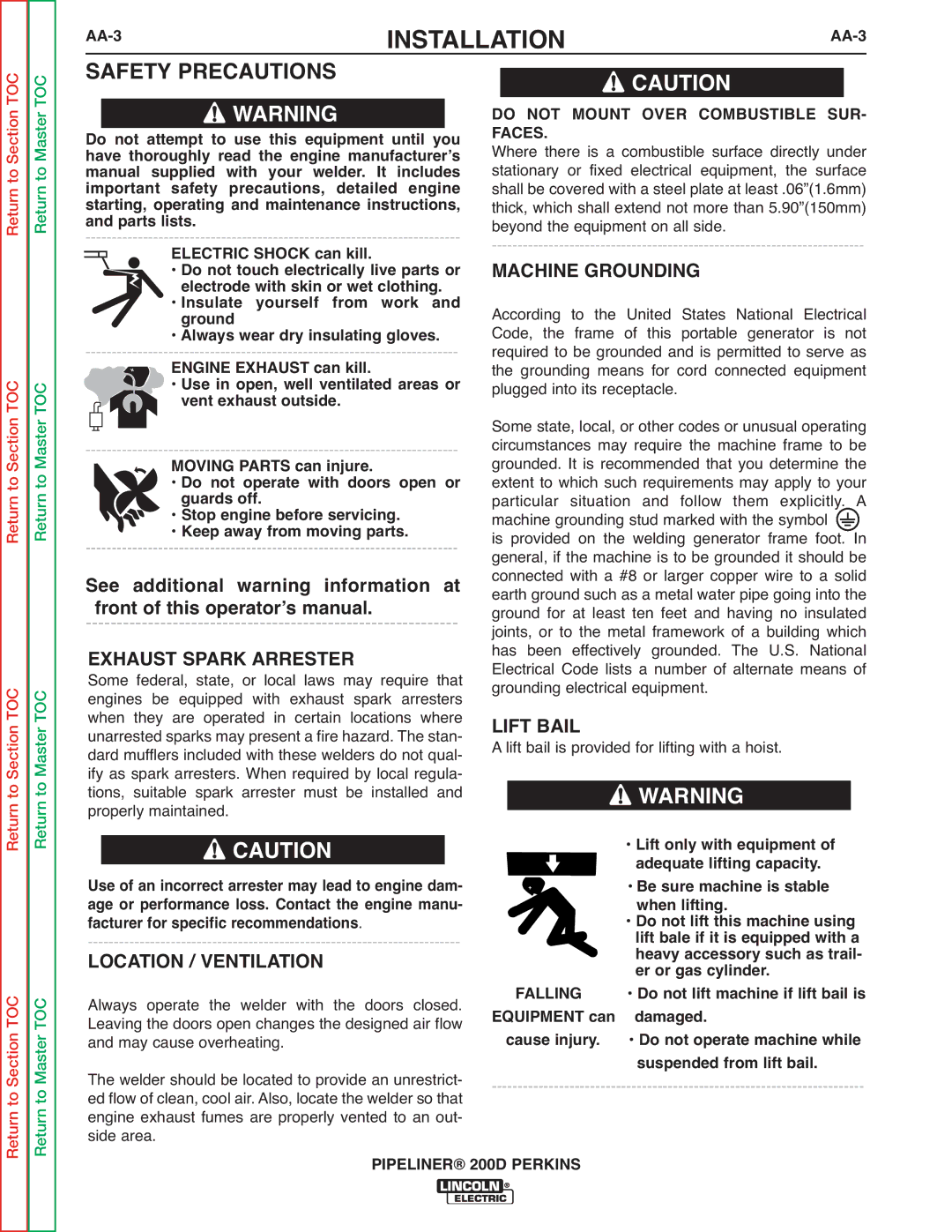 Lincoln Electric 200 service manual Location / Ventilation, Falling 