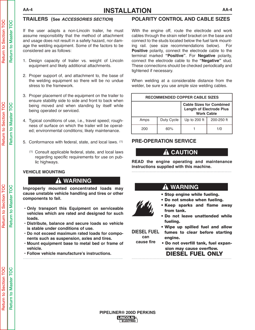 Lincoln Electric 200 PRE-OPERATION Service, AA-4, Vehicle Mountingwarning, Read the engine operating and maintenance 