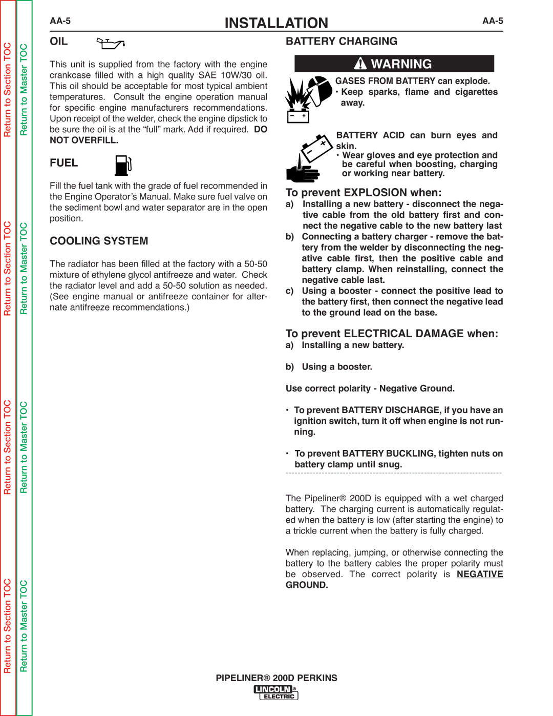 Lincoln Electric service manual Battery Charging, AA-5, Ground Pipeliner 200D Perkins 