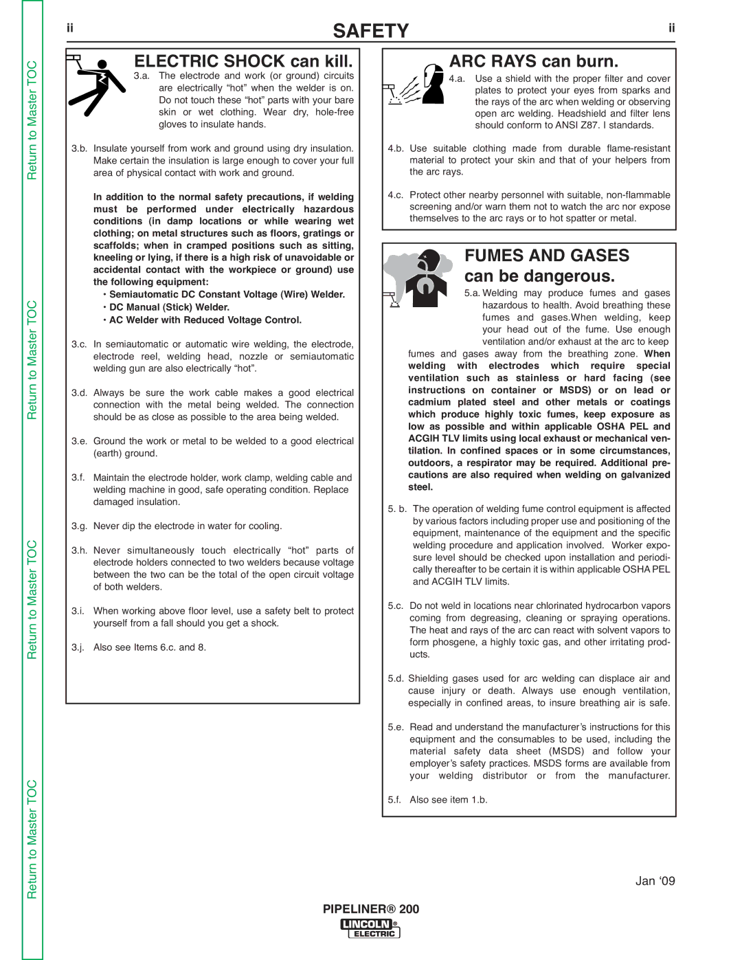 Lincoln Electric 200 service manual Electric Shock can kill ARC Rays can burn, Fumes and Gases 