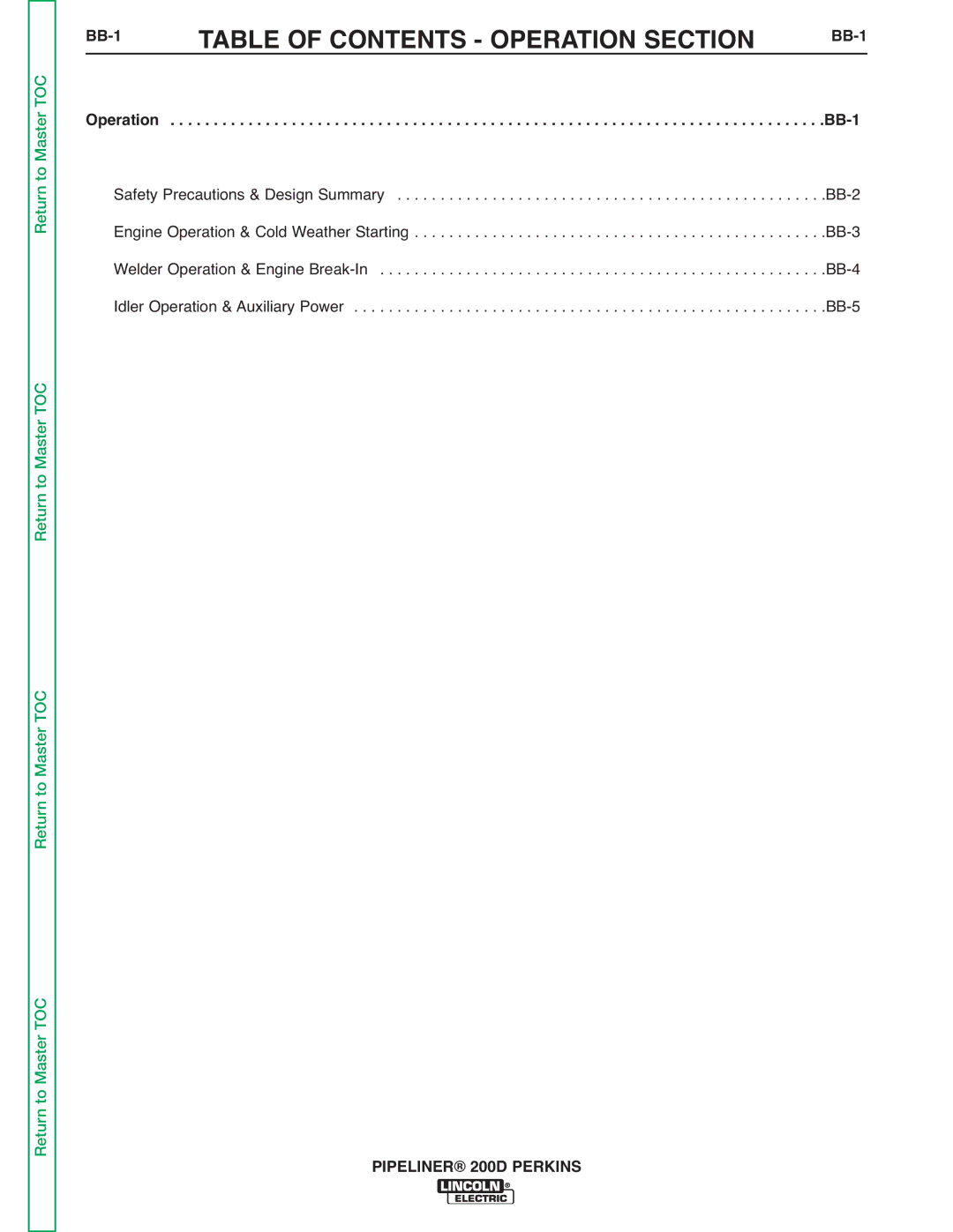 Lincoln Electric 200 service manual Table of Contents Operation Section, BB-1 