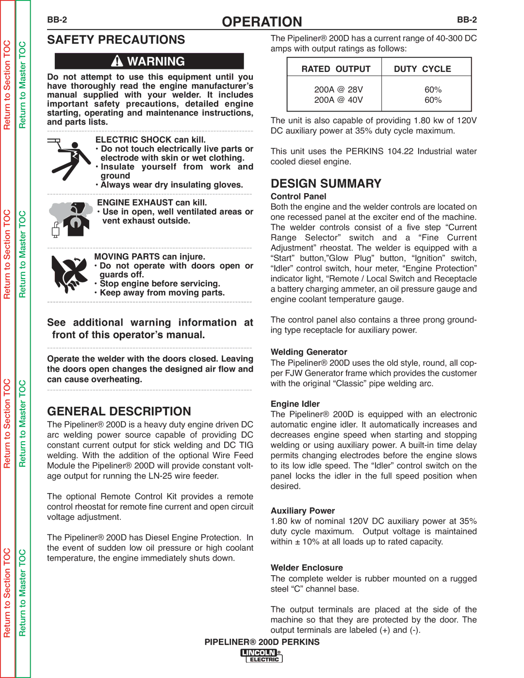 Lincoln Electric 200 service manual Rated Output Duty Cycle 