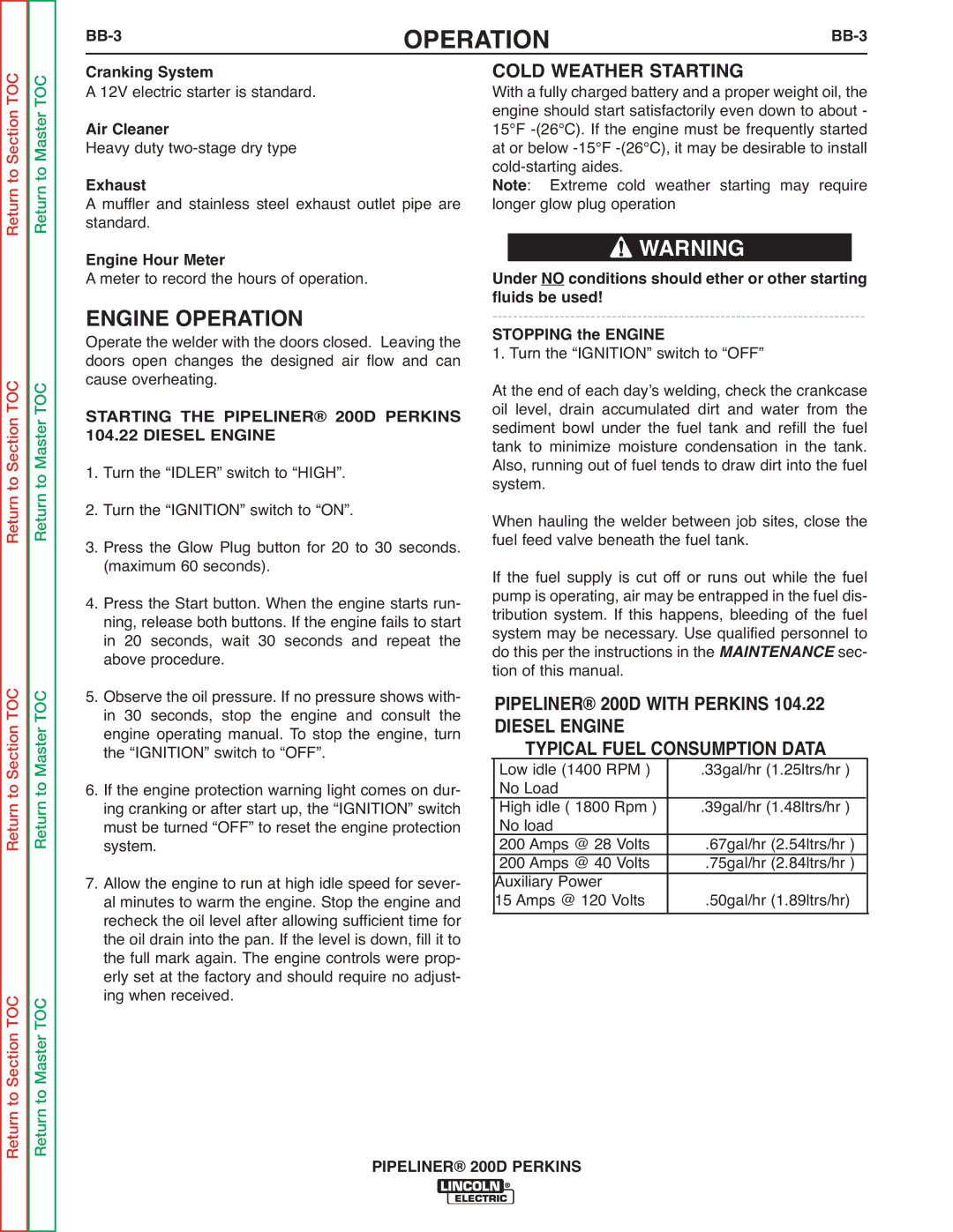 Lincoln Electric service manual Cold Weather Starting, Diesel Engine, Starting the Pipeliner 200D Perkins 