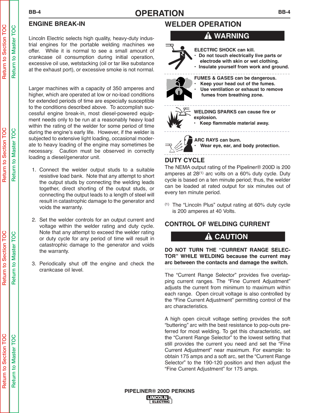 Lincoln Electric 200 service manual Duty Cycle, Control of Welding Current, BB-4 