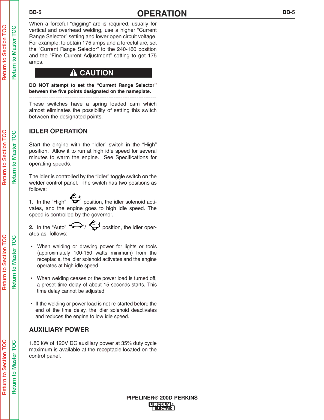 Lincoln Electric 200 service manual Idler Operation, Auxiliary Power, BB-5 