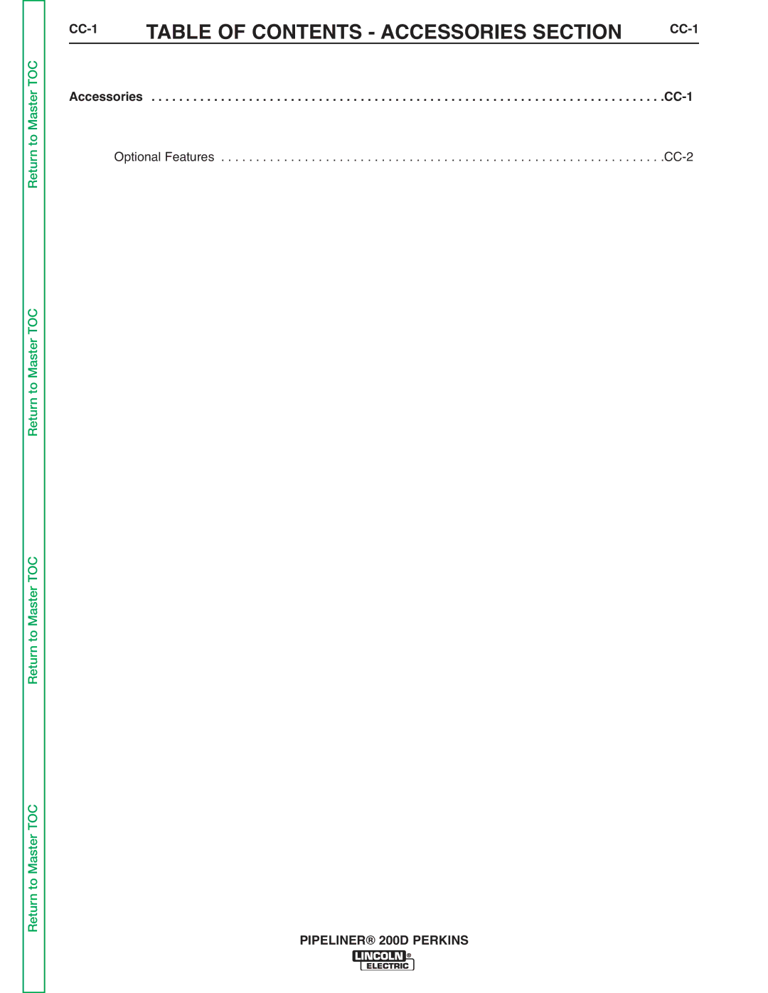 Lincoln Electric 200 service manual Table of Contents Accessories Section, CC-1 