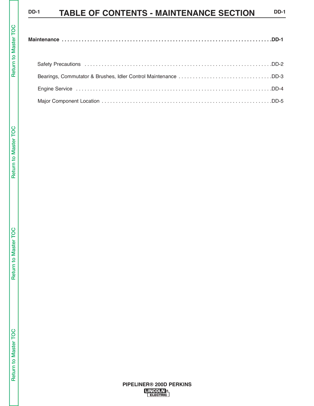 Lincoln Electric 200 service manual Table of Contents Maintenance Section, DD-1 