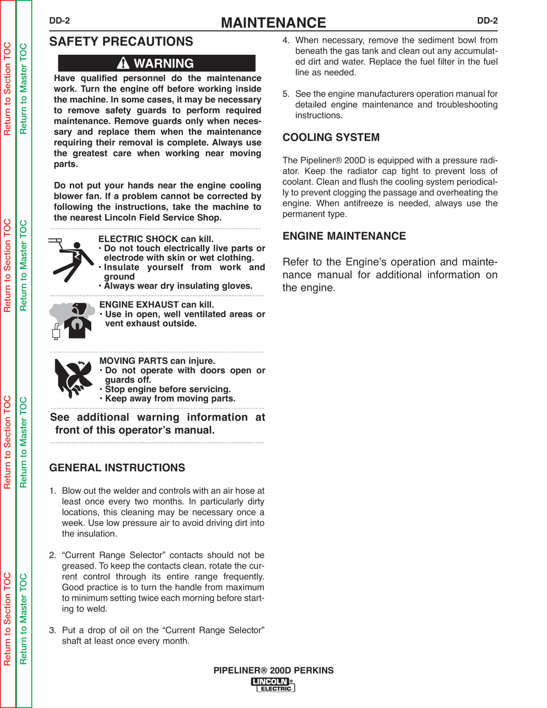 Lincoln Electric 200 service manual Engine Maintenance, General Instructions 