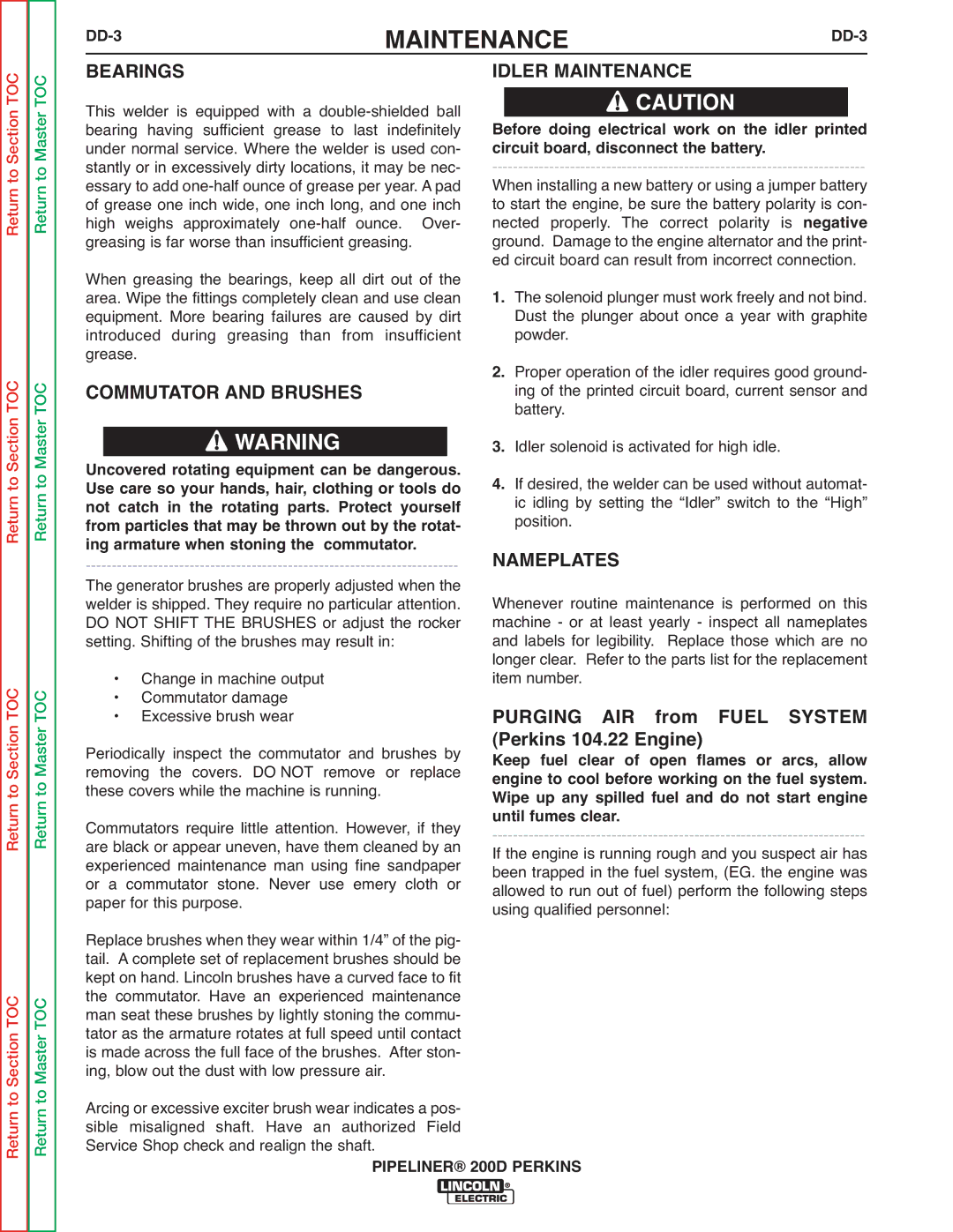 Lincoln Electric 200 service manual Bearings Idler Maintenance, Commutator and Brushes 