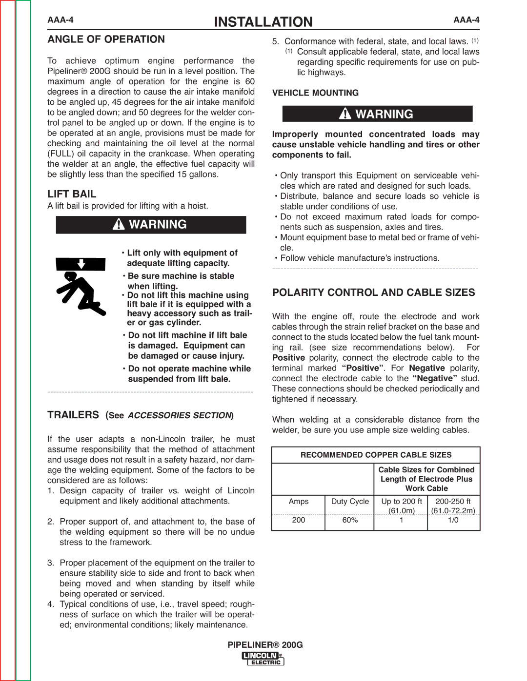 Lincoln Electric 200 service manual Angle of Operation, AAA-4 