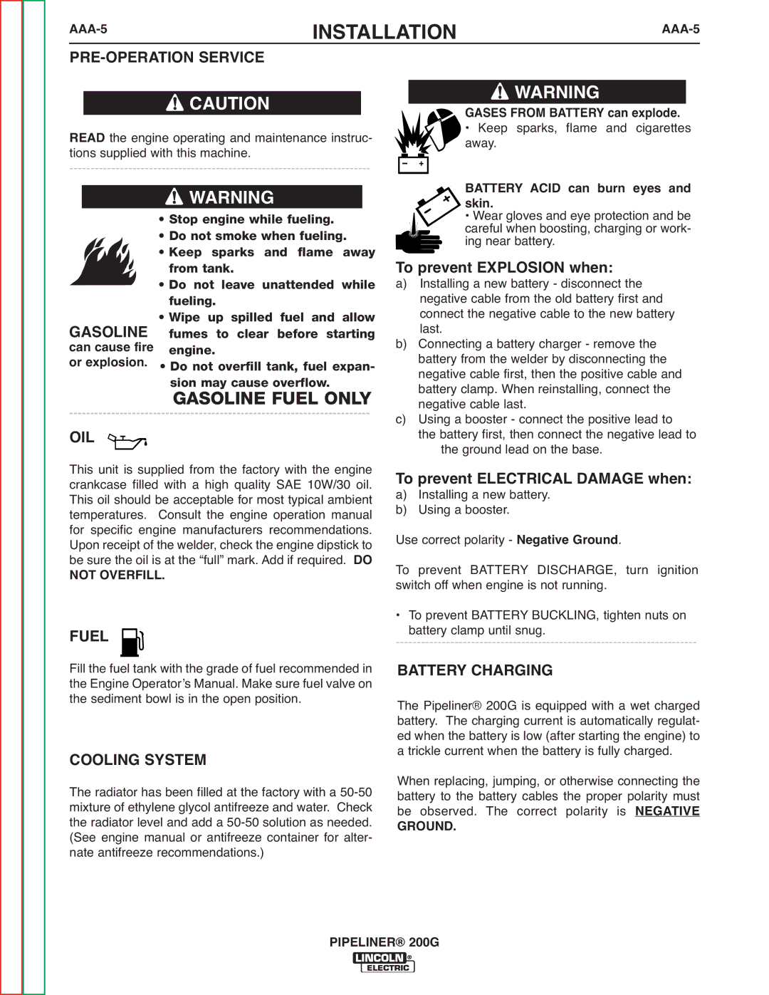 Lincoln Electric 200 service manual Gasoline, Fuel 