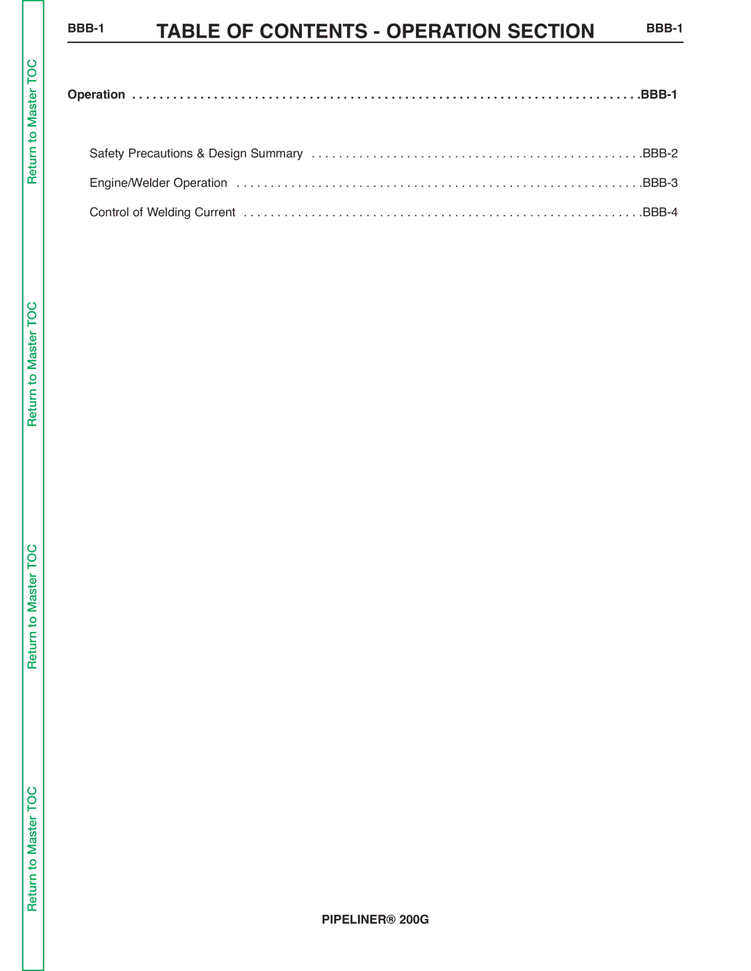 Lincoln Electric 200 service manual Table of Contents Operation Section, BBB-1 