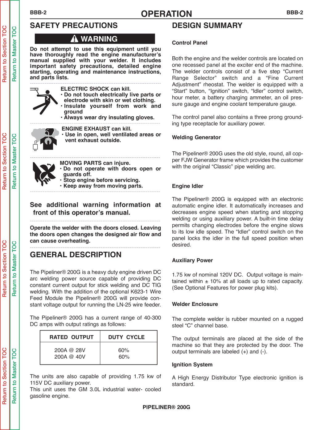 Lincoln Electric 200 service manual Safety Precautions Design Summary, BBB-2, Ignition System 