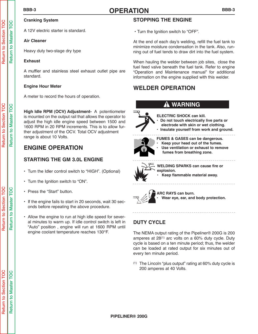 Lincoln Electric 200 service manual Stopping the Engine, Starting the GM 3.0L Engine, BBB-3, Engine Hour Meter 