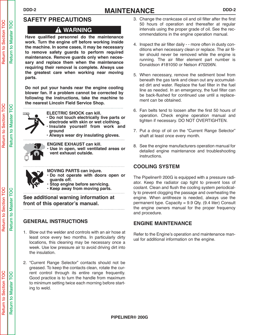 Lincoln Electric 200 service manual DDD-2, Guards off Stop engine before servicing 