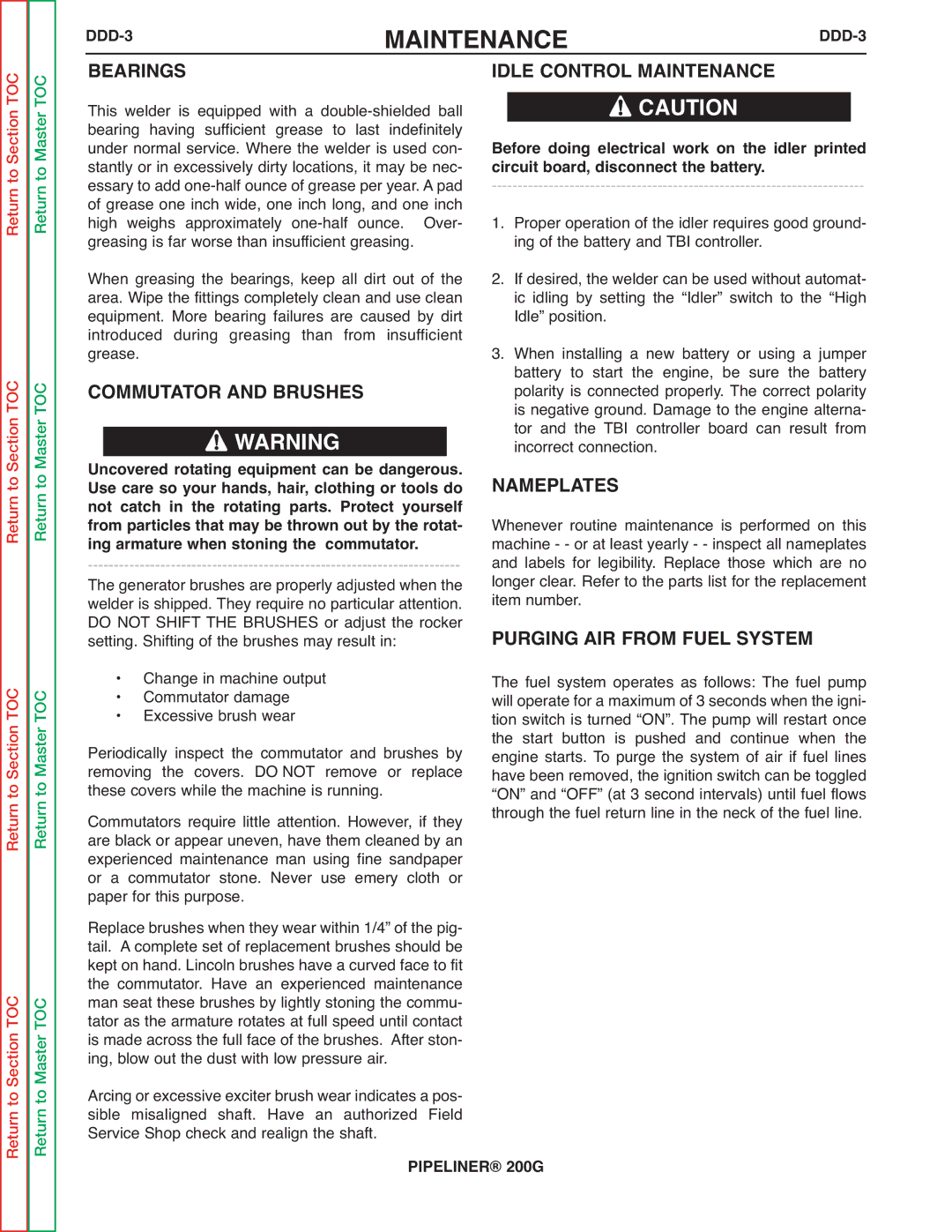 Lincoln Electric 200 service manual Bearings Idle Control Maintenance, DDD-3 