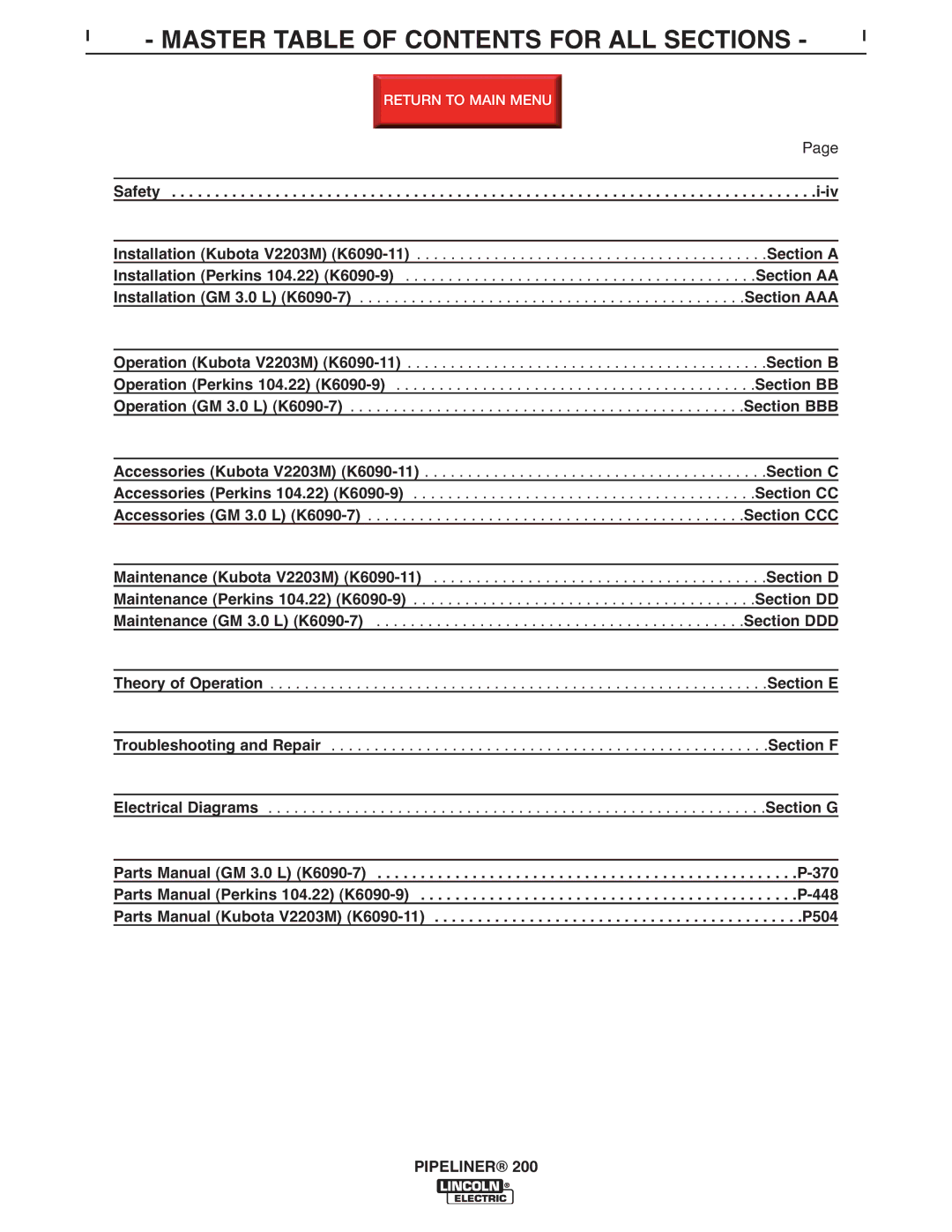 Lincoln Electric 200 service manual Master Table of Contents for ALL Sections 