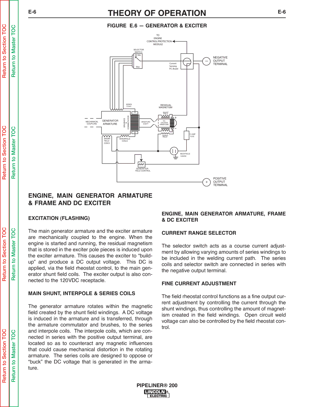 Lincoln Electric 200 service manual ENGINE, Main Generator Armature, Frame and DC Exciter 