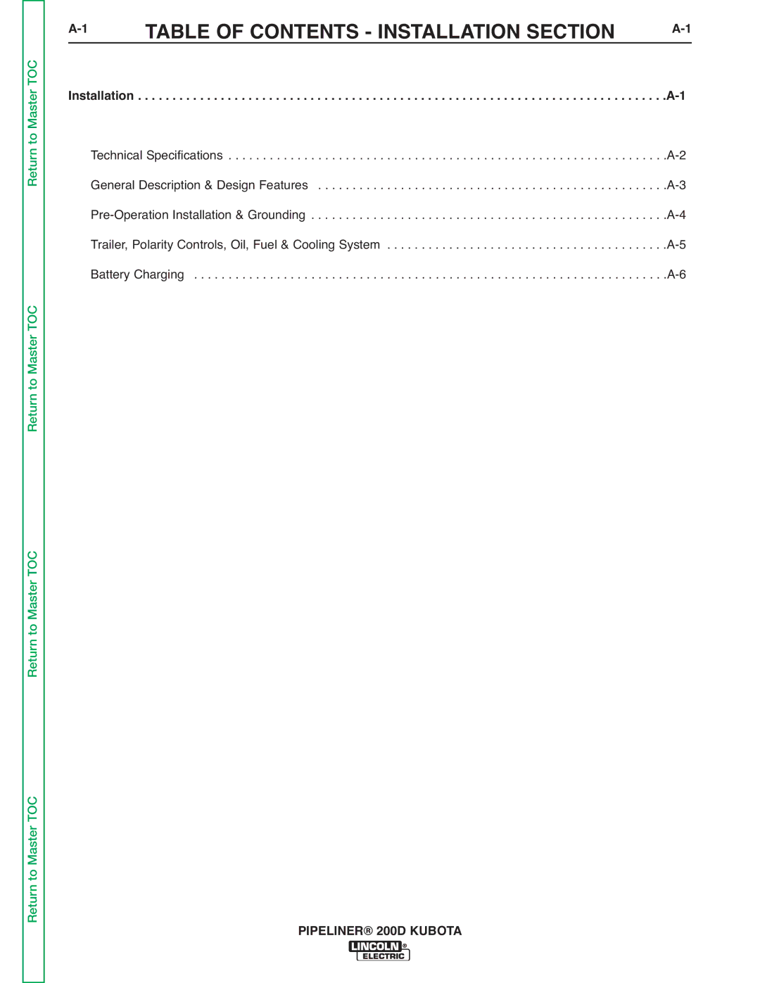 Lincoln Electric 200 service manual Table of Contents Installation Section 