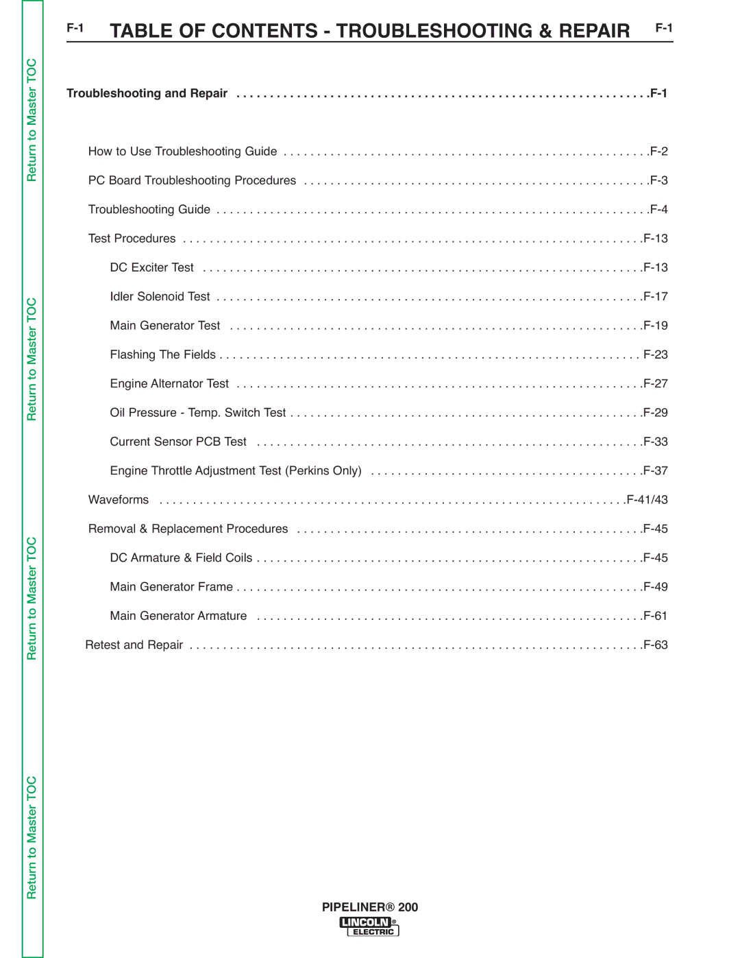 Lincoln Electric 200 service manual 1TABLE of Contents Troubleshooting & Repair F-1 