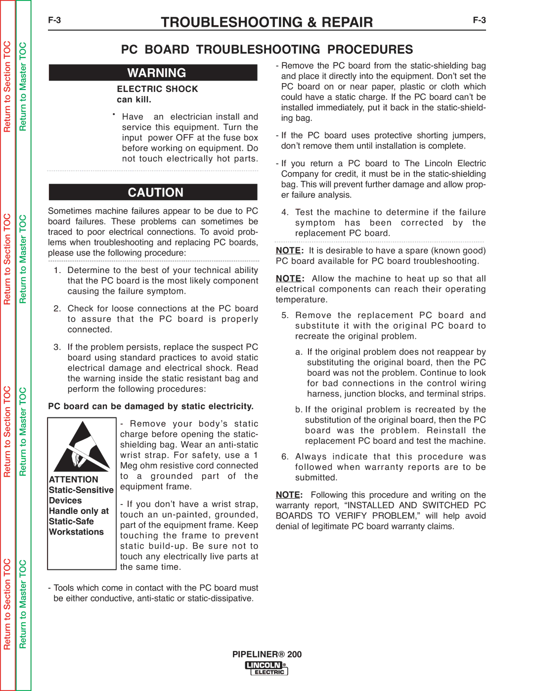 Lincoln Electric 200 service manual PC Board Troubleshooting Procedures, Electric Shock 