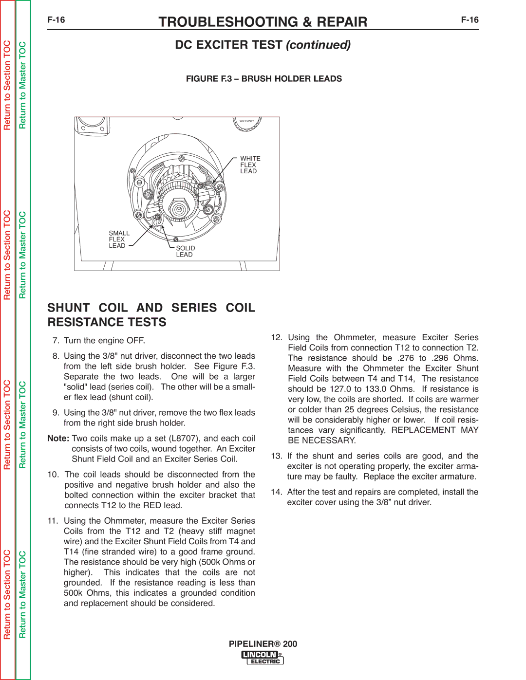 Lincoln Electric 200 service manual 16TROUBLESHOOTING & REPAIRF-16, Shunt Coil and Series Coil Resistance Tests 