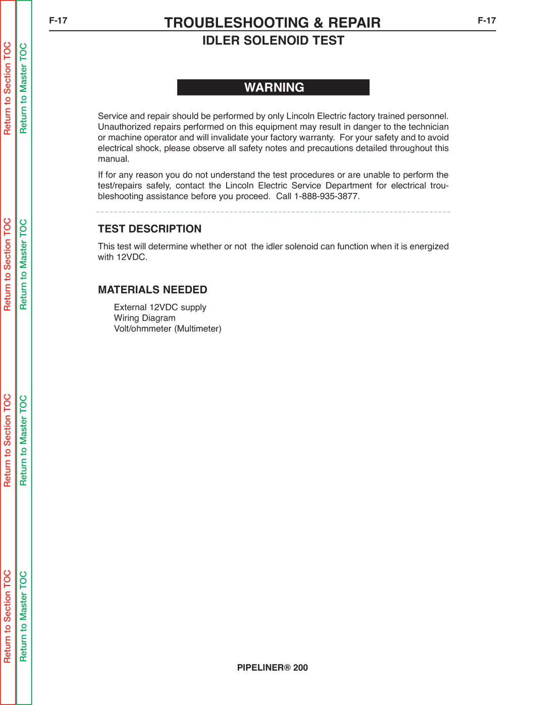 Lincoln Electric 200 service manual 17TROUBLESHOOTING & REPAIRF-17, Idler Solenoid Test, Materials Needed 