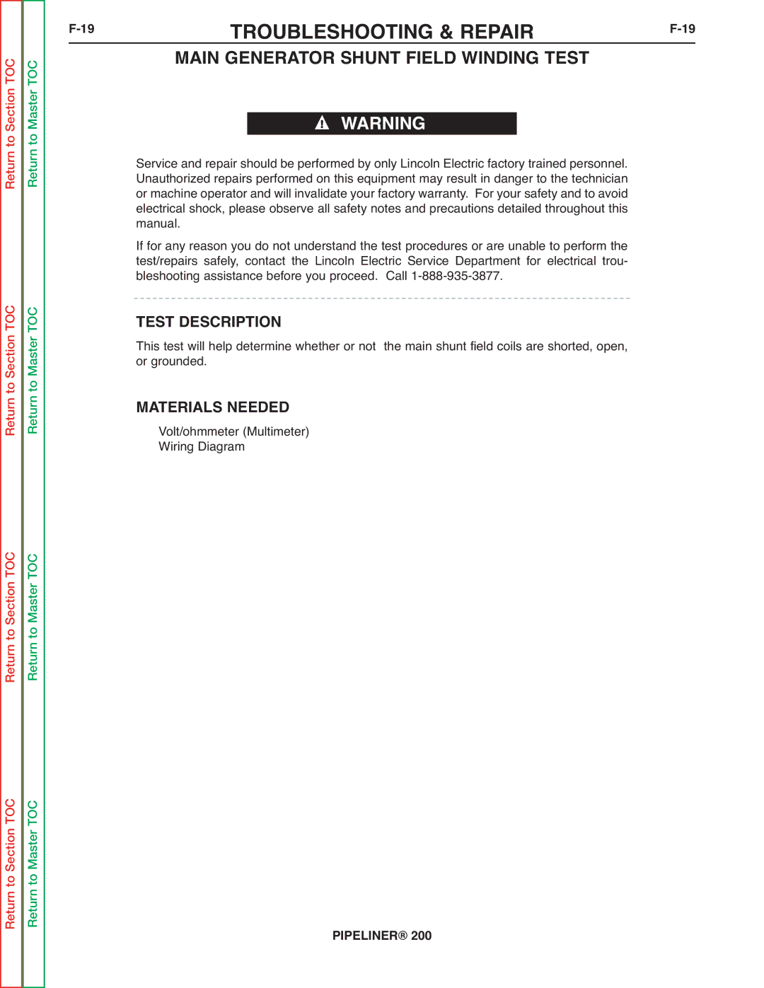 Lincoln Electric 200 service manual 19TROUBLESHOOTING & REPAIRF-19, Main Generator Shunt Field Winding Test 