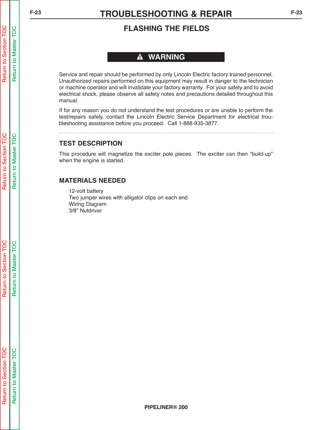 Lincoln Electric 200 service manual 23TROUBLESHOOTING & REPAIRF-23, Flashing the Fields 