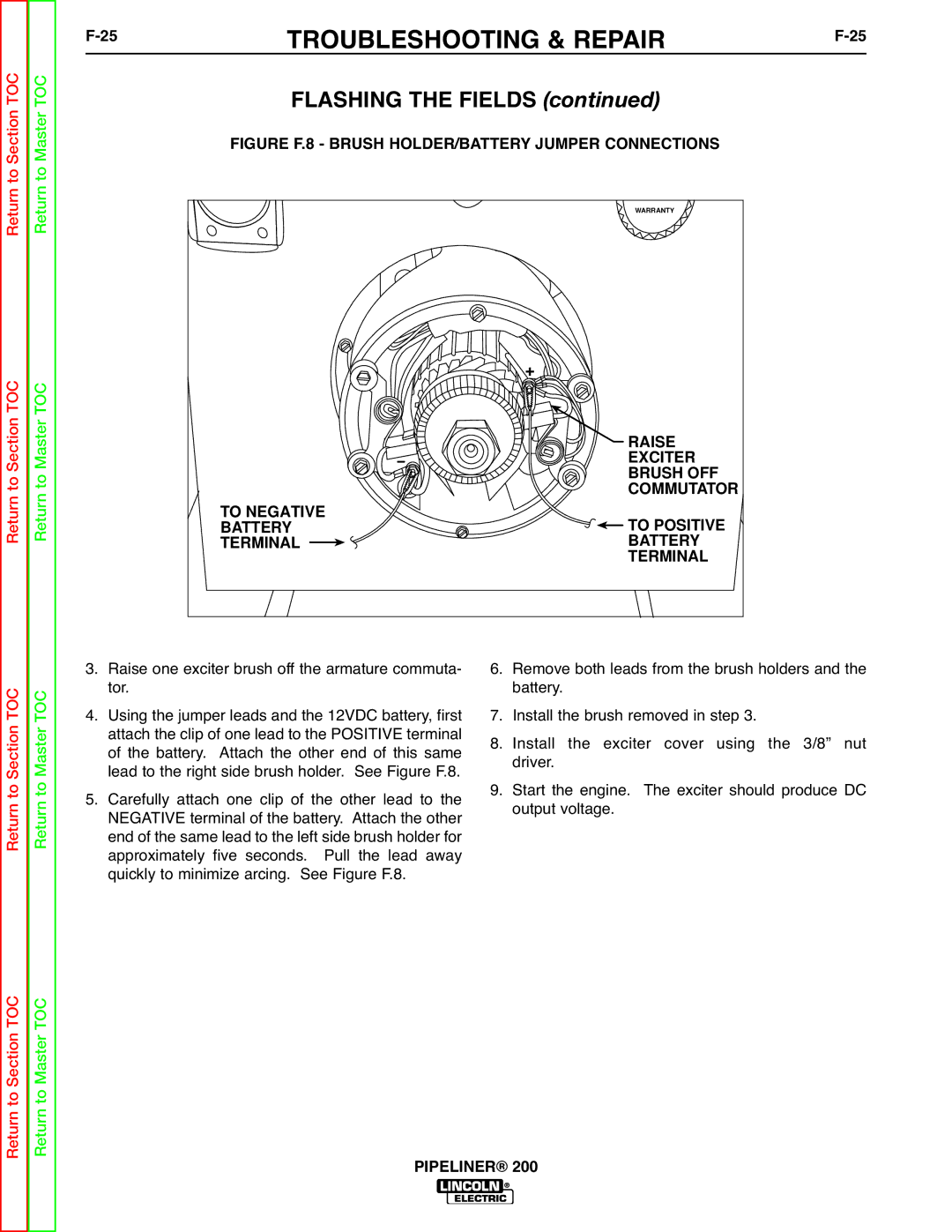 Lincoln Electric 200 service manual Raise, Exciter, Brush OFF, Commutator, To Negative To Positive Battery Terminal 