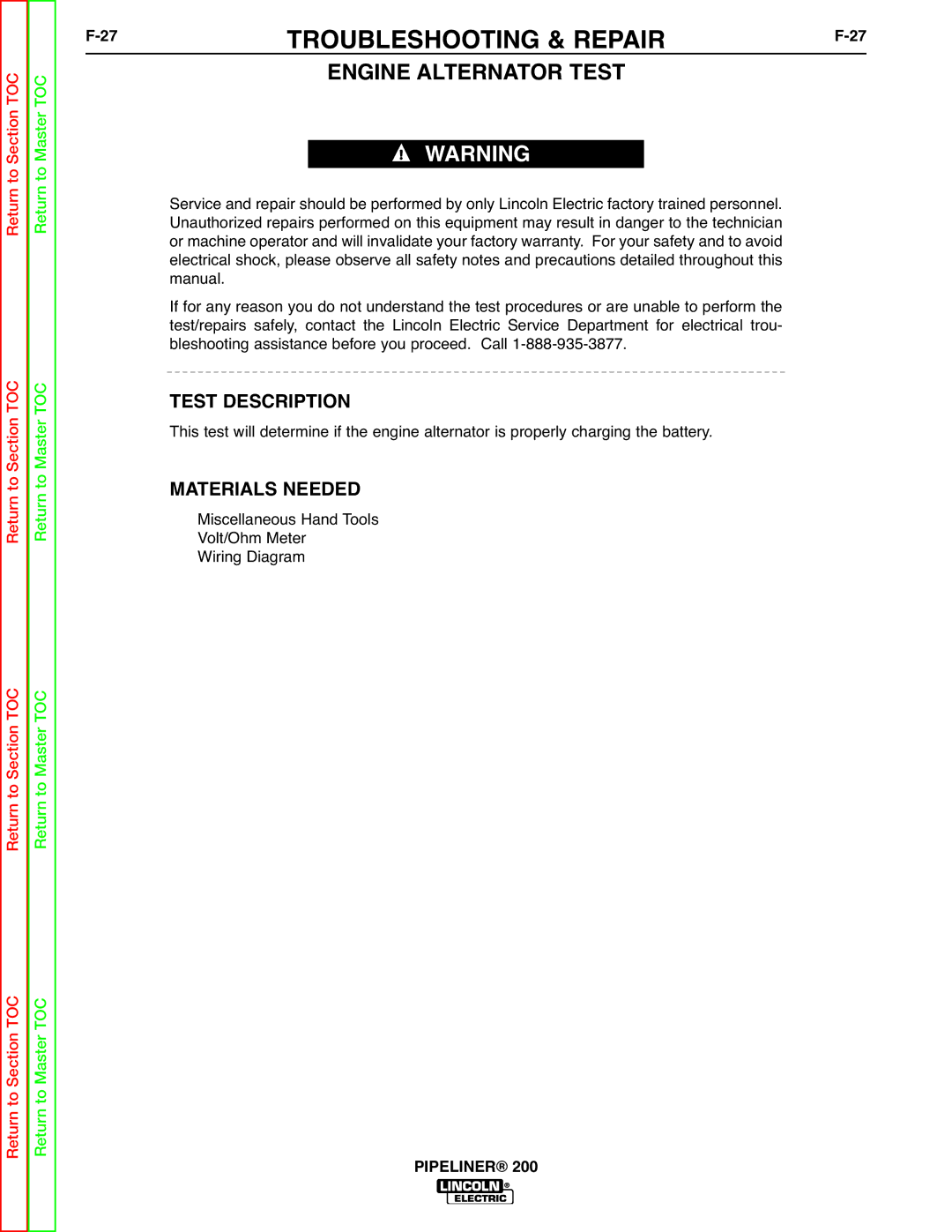 Lincoln Electric 200 service manual 27TROUBLESHOOTING & REPAIRF-27, Engine Alternator Test 