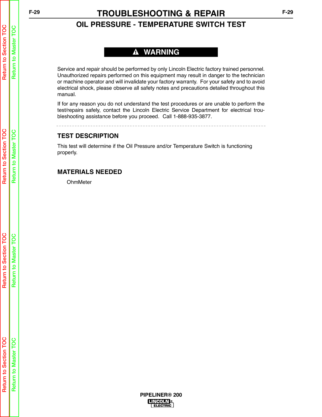 Lincoln Electric 200 service manual 29TROUBLESHOOTING & REPAIRF-29, OIL Pressure Temperature Switch Test 