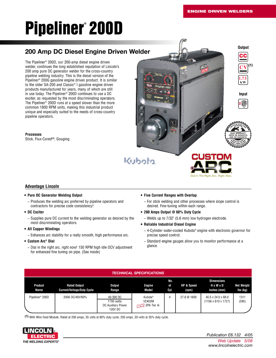 Lincoln Electric 200D technical specifications Technical Specifications 