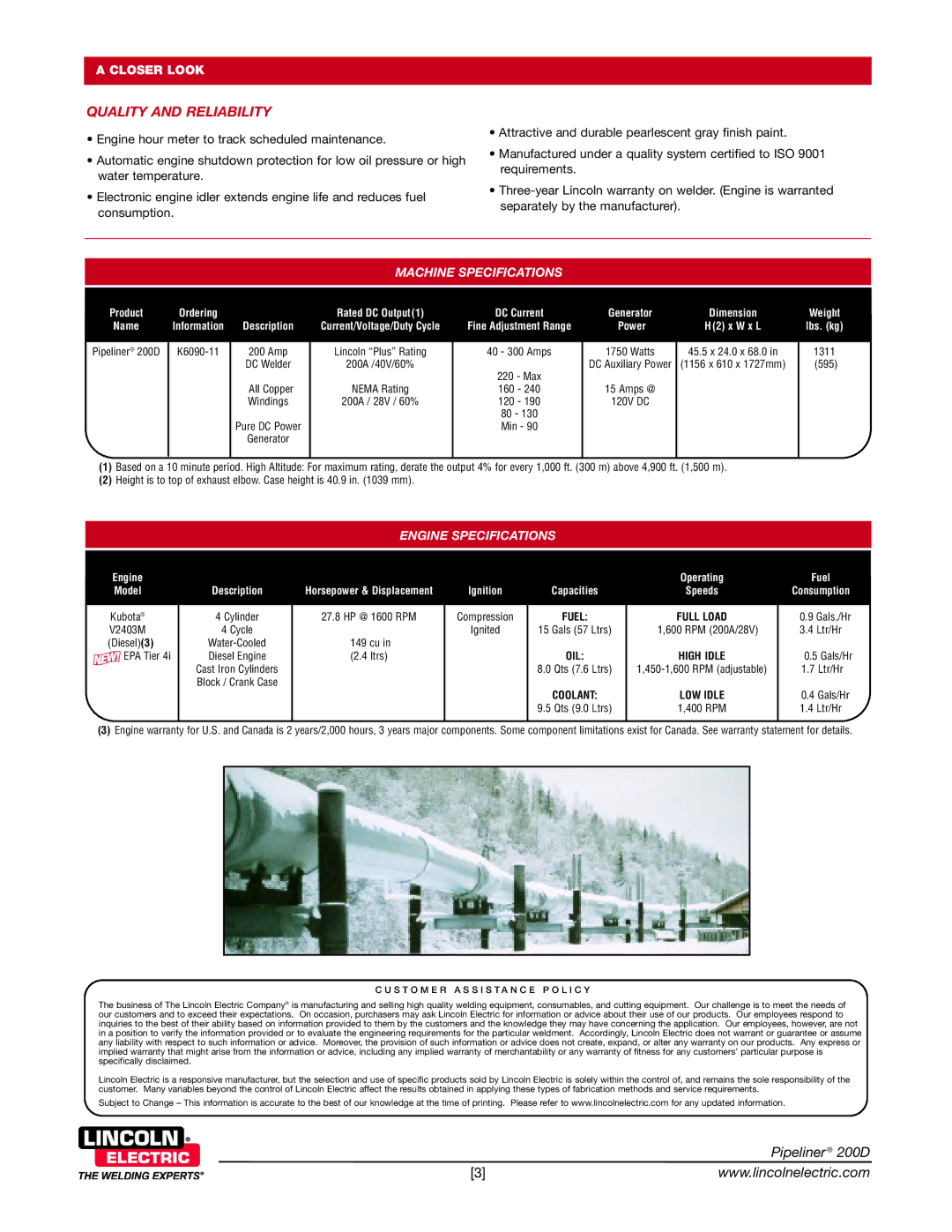 Lincoln Electric 200D technical specifications Quality and Reliability, Machine Specifications, Engine Specifications 